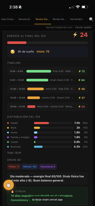 Revisi&oacute;n Diaria mostrando l&iacute;nea de tiempo de energ&iacute;a y distribuci&oacute;n del d&iacute;a